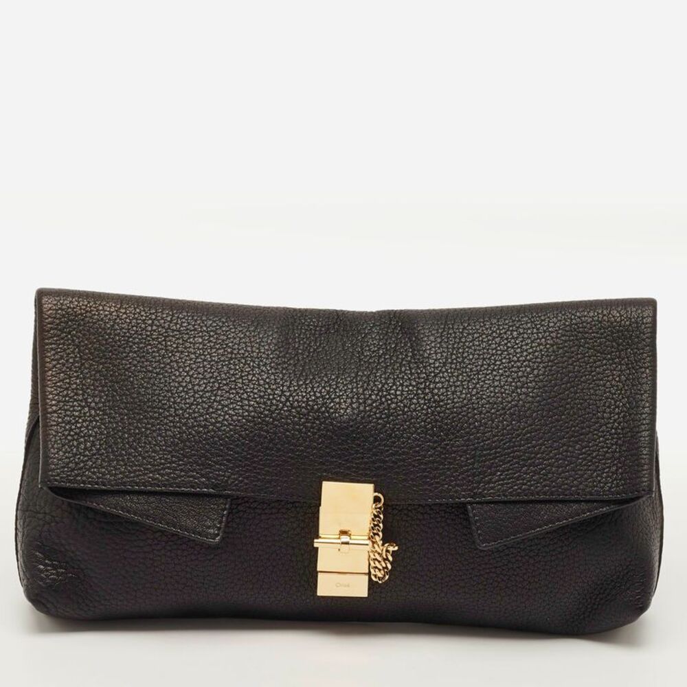 Chloe Drew Black Grained Leather Fold Ovet Clutch
